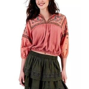 Lucky Brand Boho Embroidered Top S Rust Peasant Blouse Cottagecore Festival